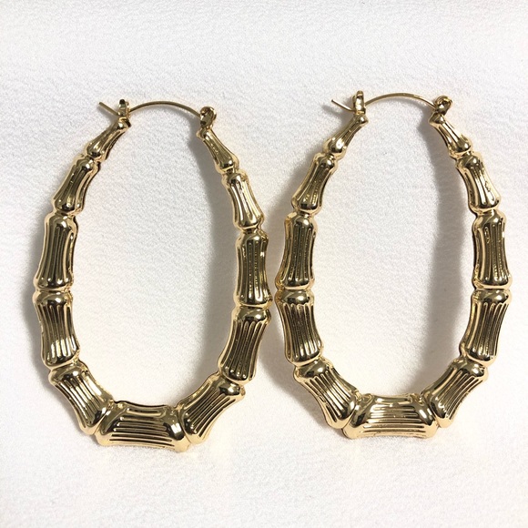 14k Gold Filled Oval Bamboo Hoop Earrings - Picture 4 of 5